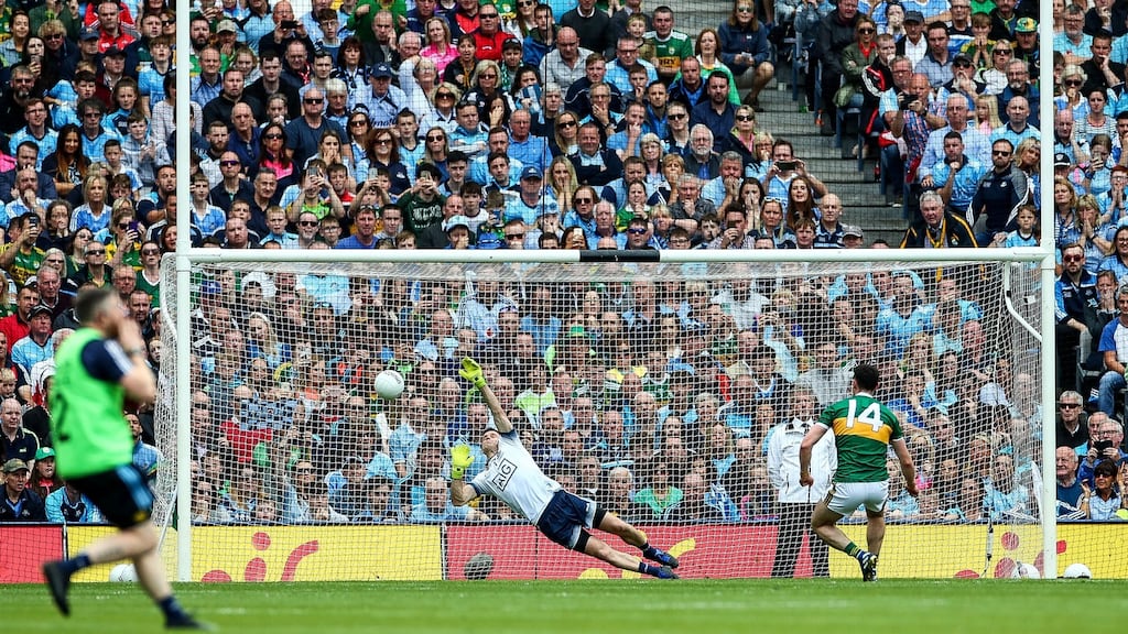 Kerry’s Paul Geaney has a penalty saved by Dublin’s Stephen Cluxton in All-Ireland football final. Photograph: James Crombie/Inpho