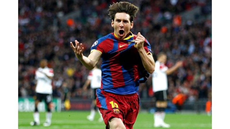 Barcelona's Lionel Messi celebrates a second goal against Manchester United during their Champions League final win at Wembley. Photograph: Eddie Keogh/Reuters