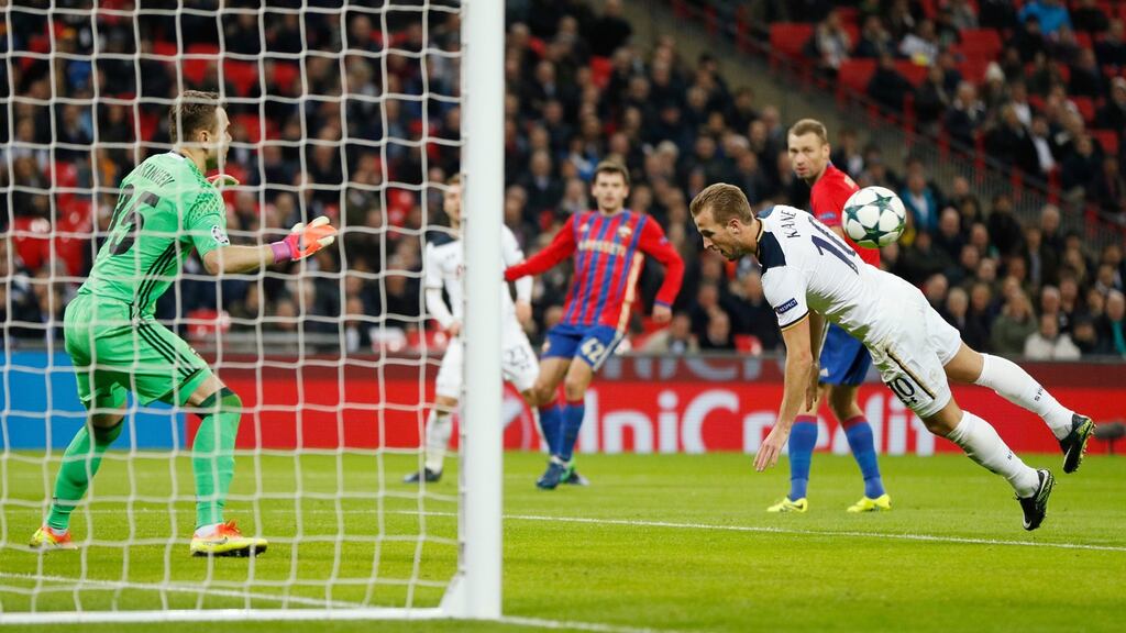 Tottenham’s Harry Kane misses a chance to score as CSKA Moscow’s Igor Akinfeev looks on during their Champions League clash. Photo: John Sibley/Reuters