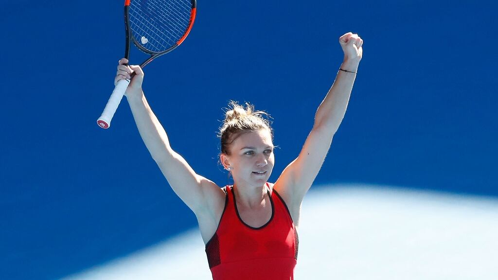 Simona Halep celebrates winning her quarter-final against Karolina Pliskova. Photograph: Scott Barbour/Getty