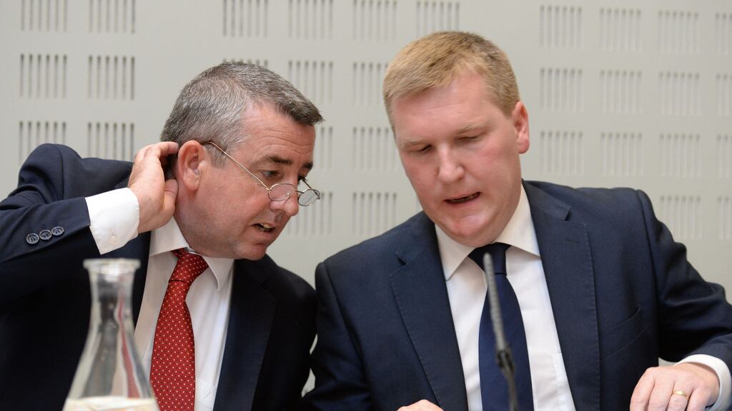 Committee chairman Ciarán Lynch with Fianna Fáil finance spokesman and inquiry member Michael McGrath. Photograph; Dara Mac Dónaill/The Irish Times
