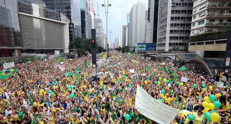 Demonstrators attend a protest against Brazil's president Dilma Rousseff in Sao Paulo on March 15th, 2015. Photograph: Paulo Whitaker/Reuters