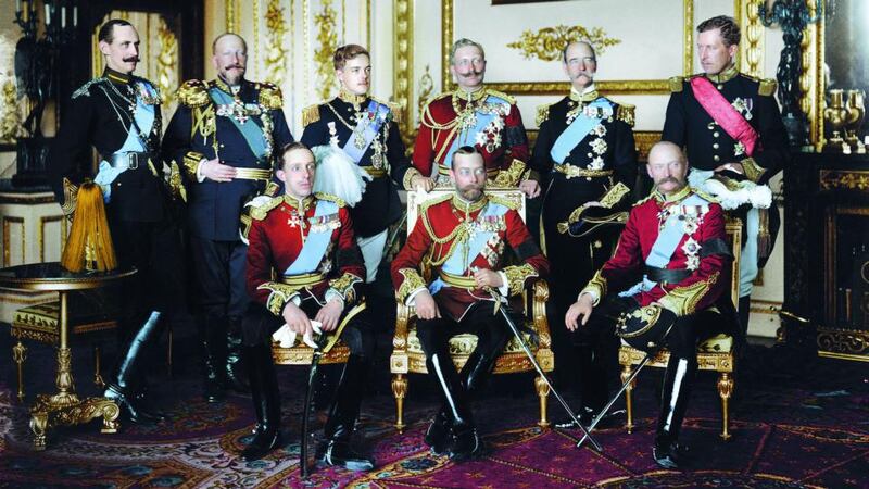 Colourised: nine kings at Buckingham Palace in London, in May 1910, for the funeral of Edward VII, from The Colour of Time. Original photograph: W&D Downey/Getty
