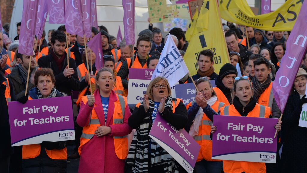 Teachers from the INTO, ASTI and TUI protesting in March in advance of a Government report on pay equalisation. Photograph: Alan Betson