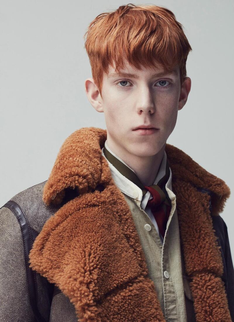 Stone wash shearling aviator jacket €1,975, grandad collar shirt €195, rose T-shirt €85, pleated trouser €275, all from Kent & Curwen