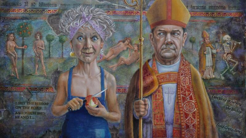 Aidan Hickey painting at the 138th annual exhibition of the Dublin Painting and Sketching Club in Dún Laoghaire: Crazy Jane and the Bishop, inspired by WB Yeats’s series of poems of the same name, priced at €1,500