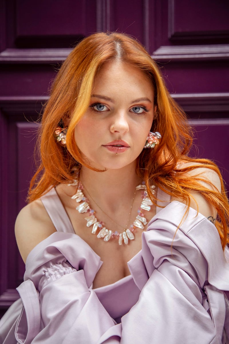 Lavender silk bubble hem dress €440 by Laura Murray. Vintage faux pearl earrings €38 and necklace €55 by Nobody's Empire. Photograph: Mark Hill