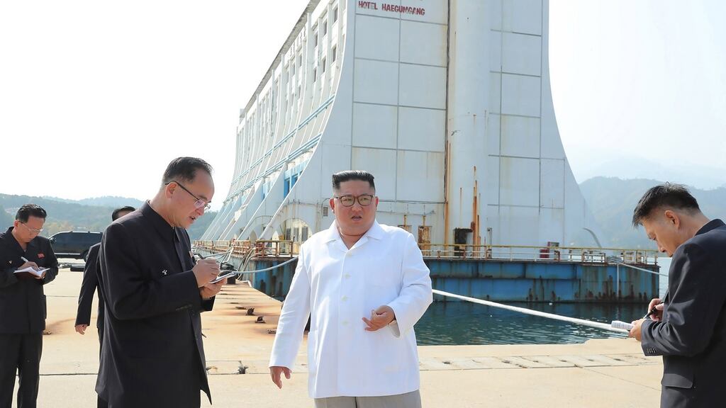 A photograph from North Korea’s official news agency shows North Korean leader Kim Jong-un (C) inspecting the Mount Kumgang tourist area. Photograph: STR/KCNA VIA KNS/AFP via Getty Images
