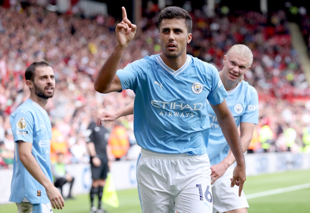 Manchester City's Rodri celebrates scoring the late winner against Sheffield United at Bramall Lane. Photograph: Alex Livesey/Getty Images