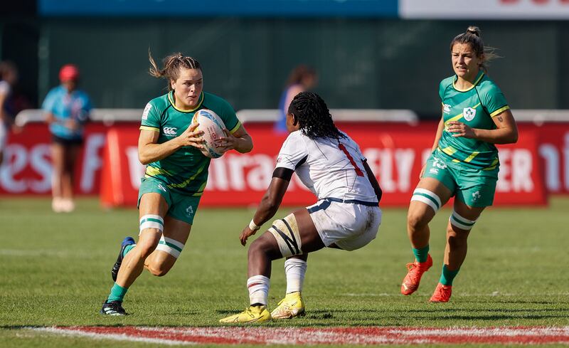 Ireland’s Beibhinn Parsons on the attack against the USA during the HSBC World Rugby Sevens Series, Dubai, United Arab Emirates. Photograph: Martin Seras Lima/Inpho