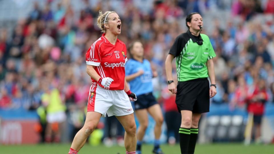 Cork’s Valerie Mulcahy celebrates a late score (Photograph: INPHO/Ryan Byrne)