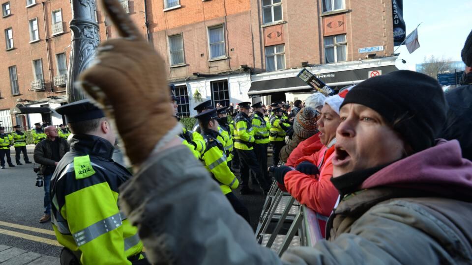 Gardaí prevent passing protesters from going up the Kildare Street side of the Dail during the water protest. Photograph: Alan Betson