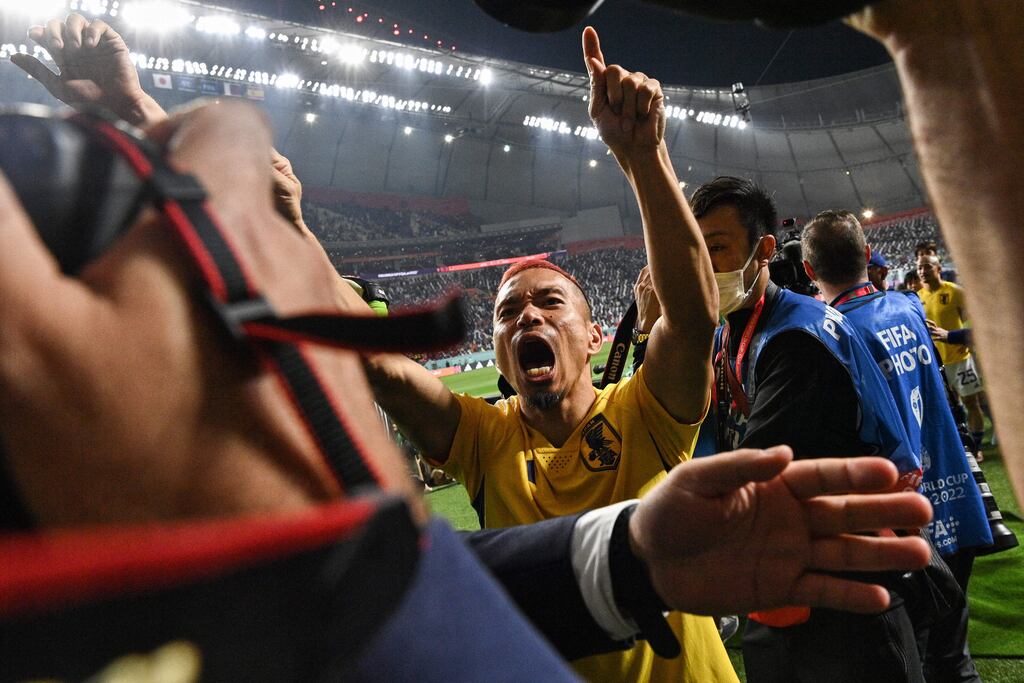 Japan's Yuto Nagatomo celebrates after the surprise victory over Spain. File photograph: Getty Images