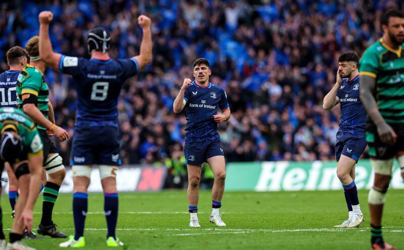 Leinster players celebrate at the final whistle. Photograph: James Crombie/Inpho
