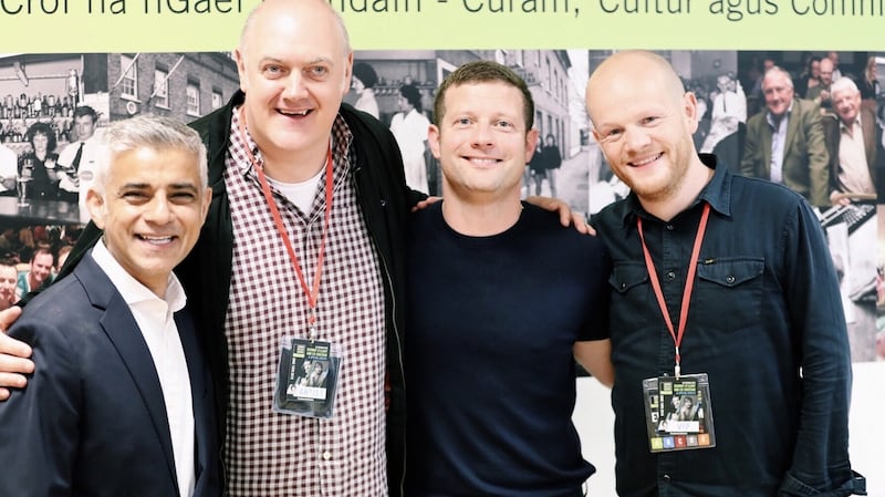 Mayor of London Sadiq Khan, Dara O’Briain, Dermot O’Leary and LIC’s director of culture Gary Dunne.