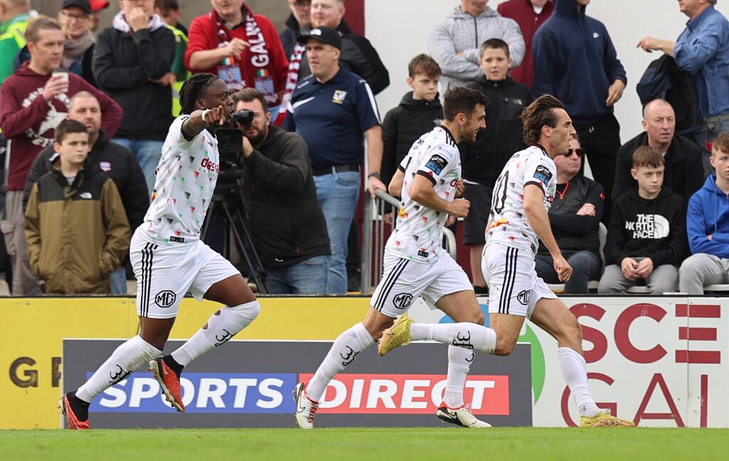 Bohemians' Dylan Connolly celebrates after scoring his side's goal in the FAI Cup semi-final against Galway United at Eamonn Deacy Park in Galway. Photograph: Tom Maher/Inpho