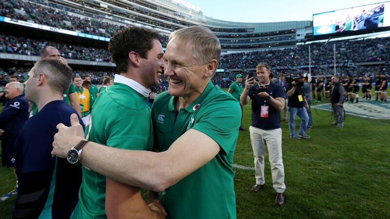 Joe Schmidt and Joey Carbery celebrate after Ireland’s win over the All Blacks at Soldier Field in Chicago in November 2016. Photograph: Billy Stickland/Inpho