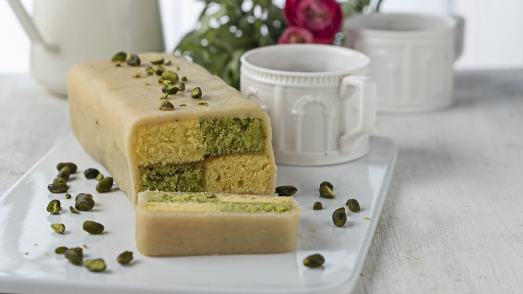 Lemon and pistachio Battenberg