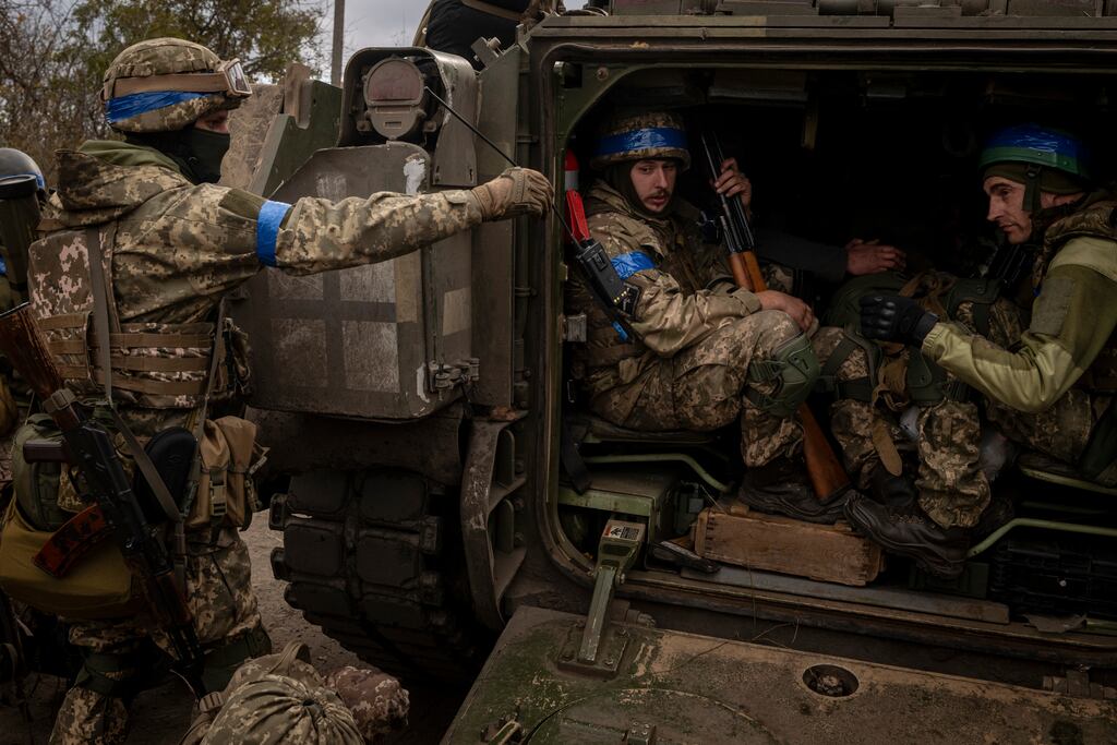 Ukrainian soldiers prepare to head to the front line in a Bradley fighting vehicle near Ocheretyne, northwest of Avdiivka, Ukraine, on October 24th. Photograph: Nicole Tung/The New York Times