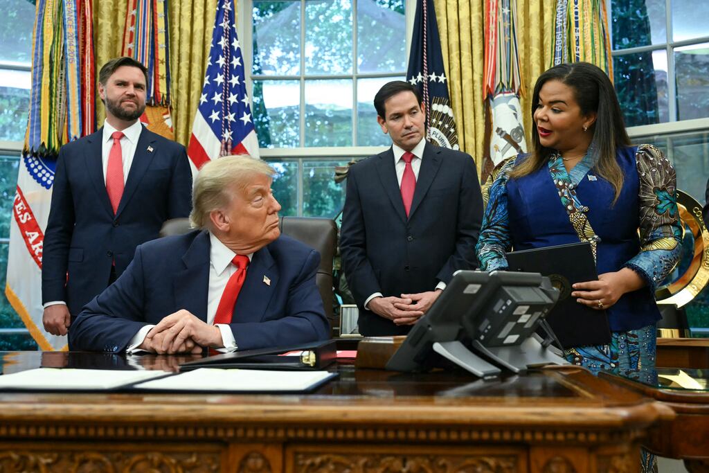 US vice president JD Vance, president Donald Trump and secretary of state Marco Rubio with Democratic Republic of the Congo foreign minister Therese Kayikwamba Wagner at the White House last week. Photograph: Andrew Caballero-Reynolds/AFP/Getty