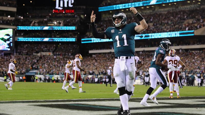 Carson Wentz threw for two touchdowns as the NFL-leading Philadelphia Eagles beat the San Francisco 49ers. Photograph: Elsa/Getty