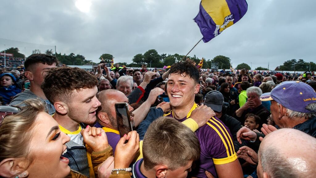 Wexford’s Lee Chin celebrates with fans after their victory over Kilkenny in the Leinster GAA Hurling Senior Championship quarter-final at Wexford Park. Photograph: James Crombie/Inpho