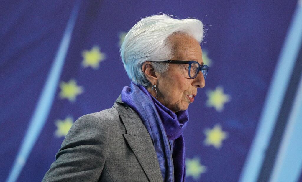 President of the European Central Bank Christine Lagarde at a press conference after the ECB raises interest rates for the fourth time this year. Photograph: Daniel Roland / AFP via Getty Images