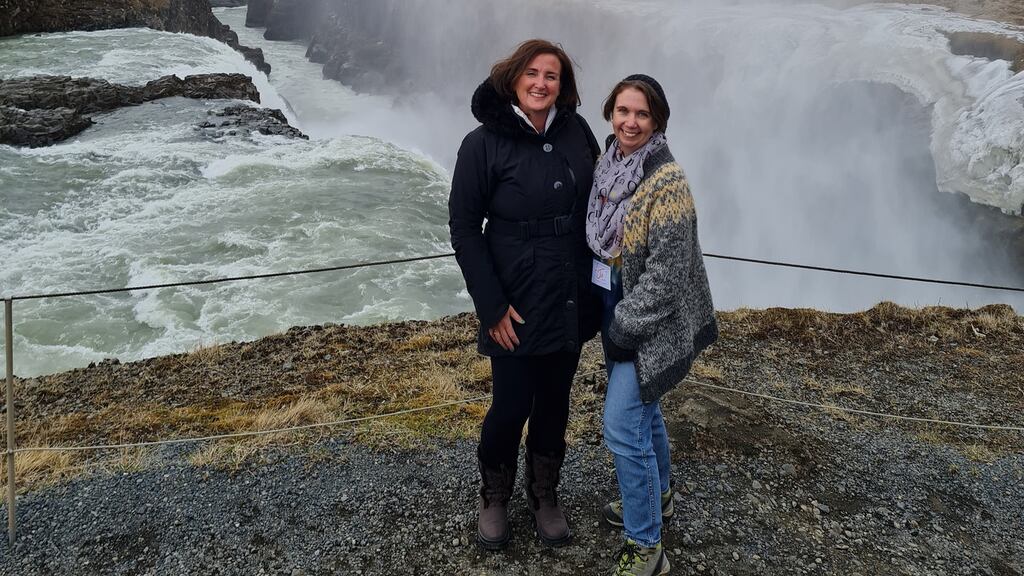 Michelle Walshe at the waterfall with another participant Jo McClelland Phillips.