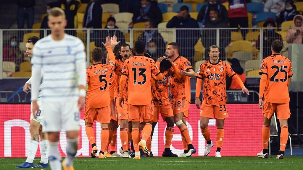 Juventus’ players celebrate their second goal scored by Alvaro Morata during the Uefa Champions League match against Dynamo Kyiv. Photo: Sergei Supinsky/AFP via Getty Images