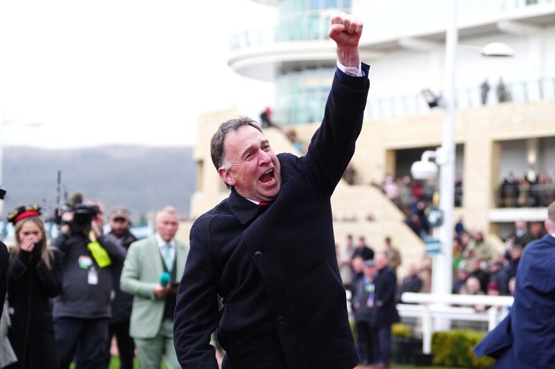 Henry de Bromhead celebrates Bob Olinger's victory in the Paddy Power Stayers' Hurdle at Cheltenham. Photograph: David Davies for The Jockey Club/PA Wire