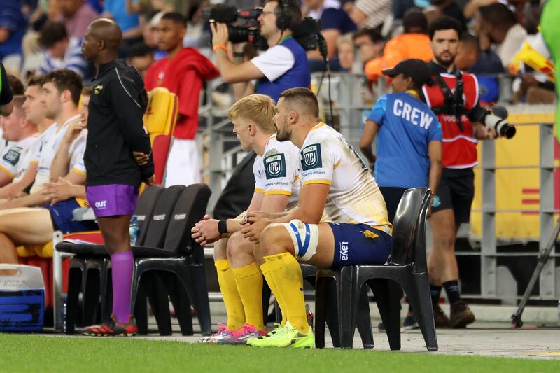 Tommy O’Brien and Max Deegan of Leinster in the sin bin after receiving yellow cards. Photograph: EJ Langner/Inpho/Steve Haag Sports