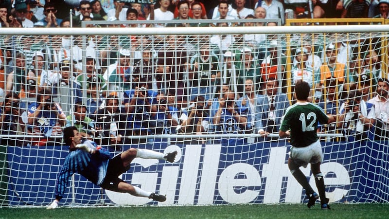 David O’Leary scores the winning penalty in the shoot-out against Romania at the 1990 World Cup in Genoa. Photograph:  Bob Thomas Sports Photography via Getty Images David O’Leary scores the winning penalty in the shoot-out against Romania at the 1990 World Cup in Genoa. Photograph:  Bob Thomas Sports Photography via Getty Images