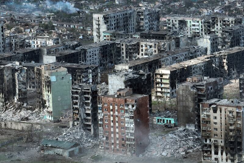 An image taken from a drone while embedded with the 93rd Mechanized Brigade of the Ukrainian army on May 19th, 2023, shows destroyed buildings in Bakhmut, Ukraine, where Wagner fighters eventually gained control. Photograph: Tyler Hicks/The New York Times
                      