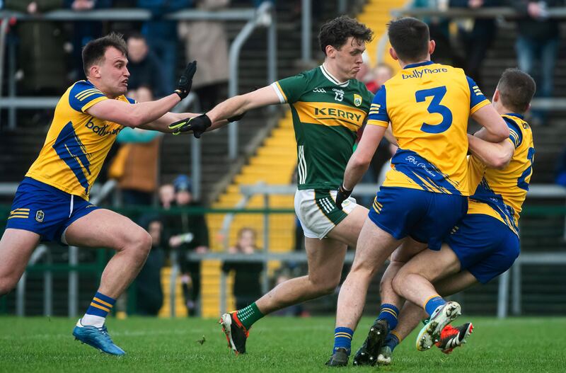 Roscommon’s Enda Smith, David Murray and Brian Stack with Kerry’s David Clifford. Photograph: Evan Logan/Inpho
