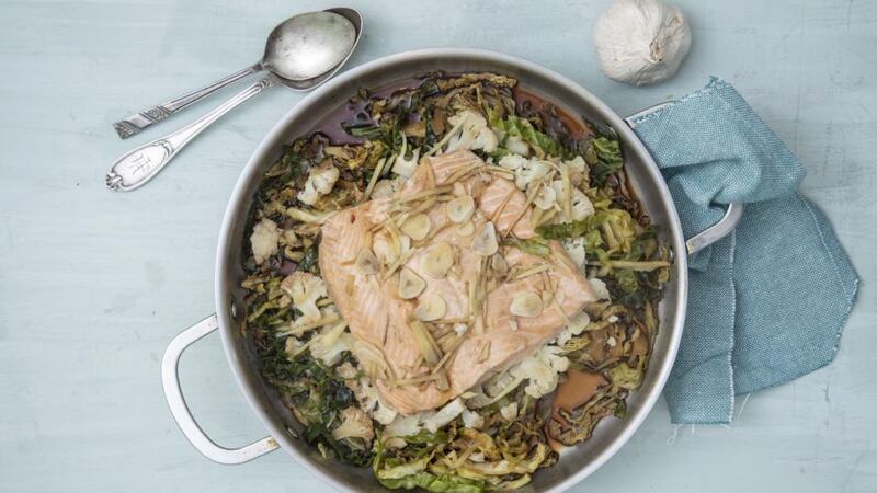 This is a one-pan wonder as the soy, ginger and garlic permeate the sea trout and the cabbage gives it a healthy satisfying crunch. Photograph: Harry Weir