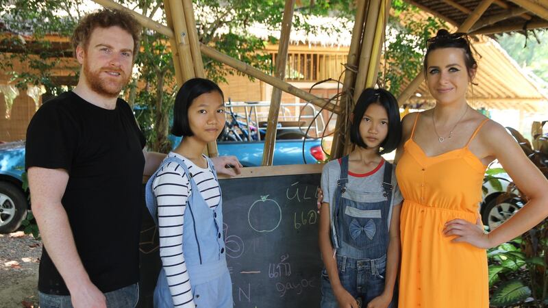 Mairéad Ní Chuaig with Wwoofáil sa Téalainn co-presenter Tomaí Ó Conghaile in Thailand. Photograph: TG4
