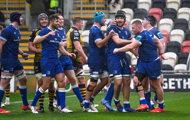 Thomas Clarkson celebrates scoring a try with his Leinster team-mates. Photograph: Mike Jones/Inpho