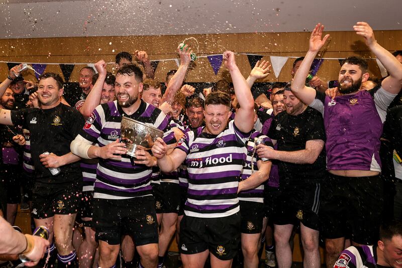 Terenure's Harrison Brewer and Alan Bennie celebrate after last year's final victory over Clontarf. Photograph: Ben Brady/Inpho