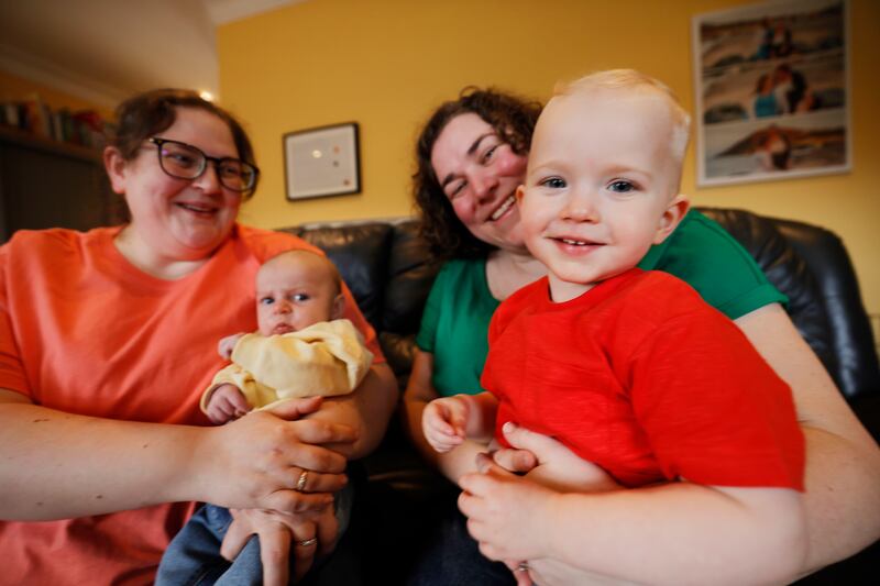 Victoria and Hazel Buckley-Gallagher with their sons Levi (eight weeks) and Ezra (two years old). Photograph: Alan Betson