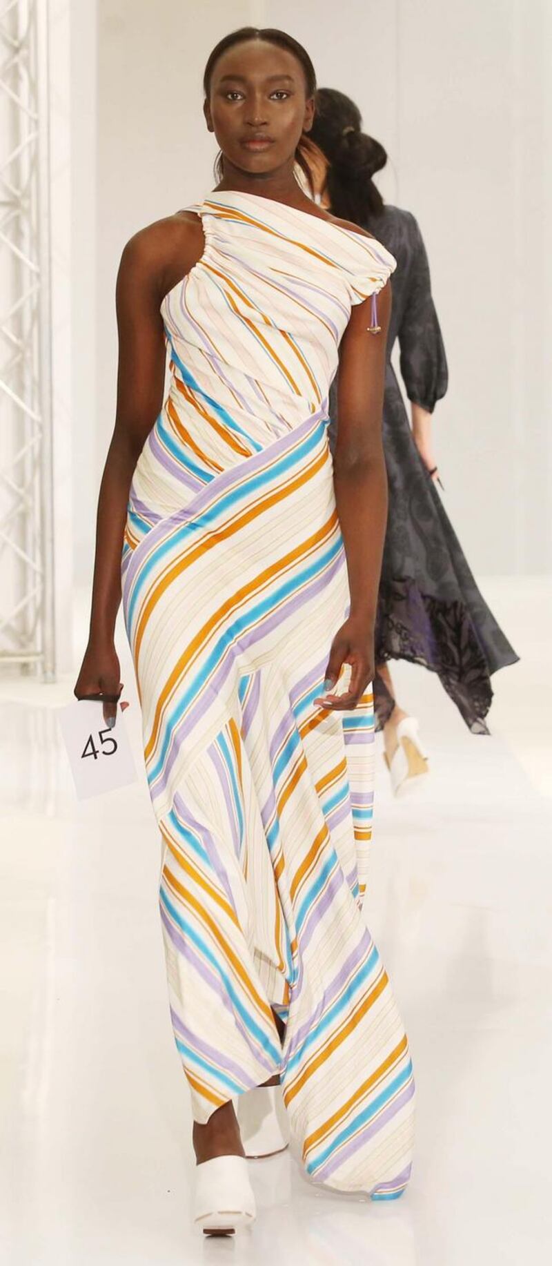 NO REPRO FEE 16/01/2018 Brown Thomas Spring Summer 2018. Pictured in Brown Thomas on Grafton Street today, a model shows the latest look from Peter Pilotto on the catwalk. Photograph: Leon Farrell / Photocall IrelandMaking a statement with asymmetric stripes from Peter Pilotto