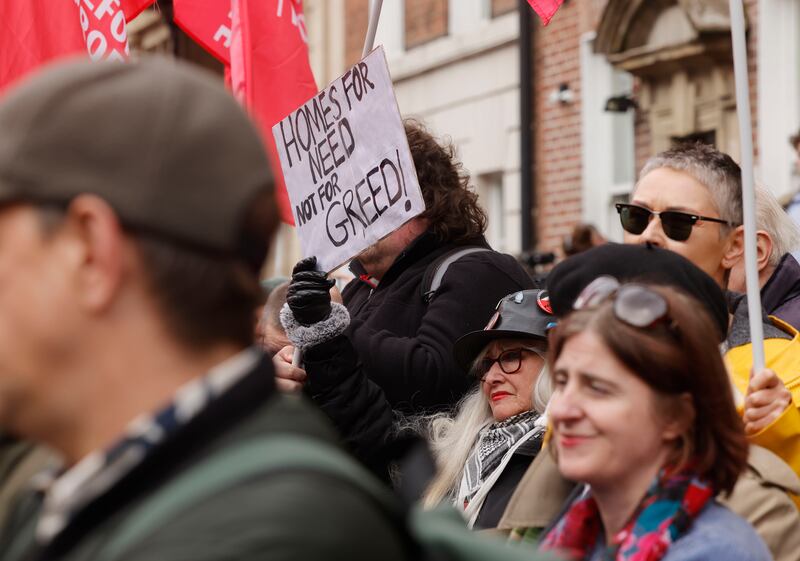 The Cost of Living Coalition demonstration outside the Dáil on Kildare Street, Dublin. Photograph: Alan Betson
