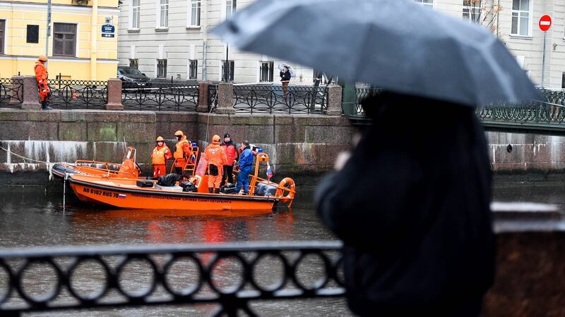 Searches taking place  Moika River, Saint Petersburg, following the murder of Anastasia Yeshchenko. Photograph:  Olga Maltseva/AFP via Getty Images