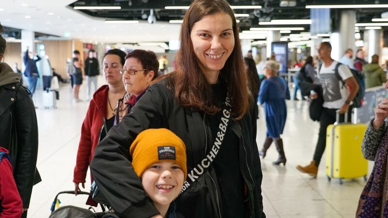 Yulia Koznova who travelled with her son Sviatoslav(8) leaving behind her parents and partner in Ukraine. Photograph Enda O'Dowd