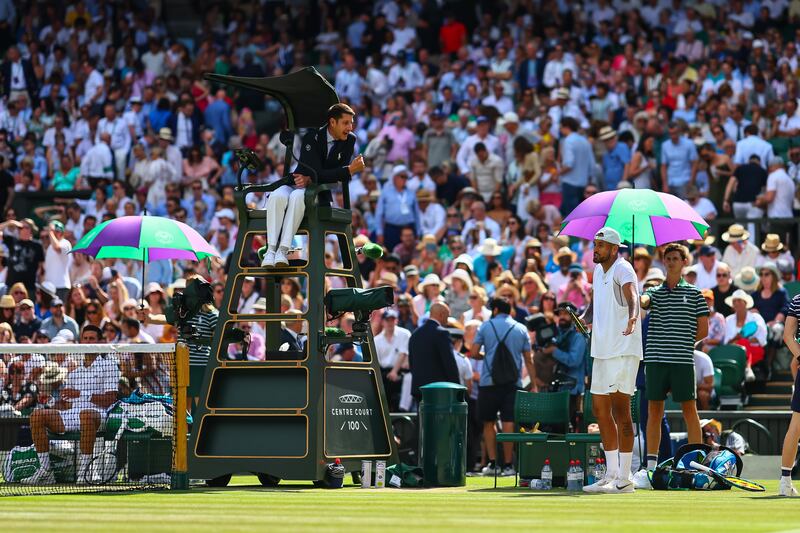 Nick Kyrgios arguing with an umpire at Wimbledon in 2022. Photograph: Frey/TPN/Getty Images