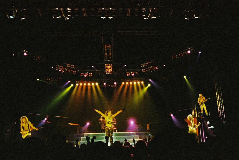 Rick Savage, Joe Elliott, Steve Clark and Phil Collen of Def Leppard  on stage at Wembley Arena on April 12th, 1988 in London, England, on the Hysteria world tour. Photograph: Pete Still/Redferns
