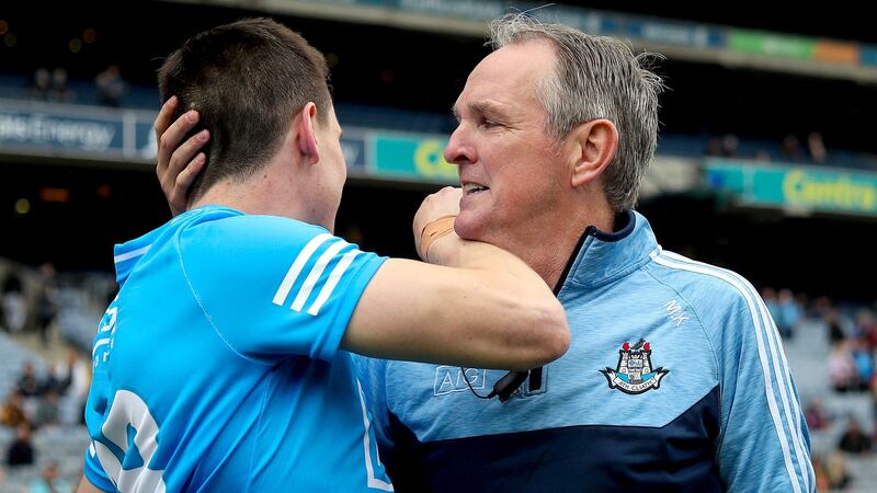 Dublin manager Mattie Kenny celebrates after the game with James Madden. Photo: Tommy Dickson/Inpho