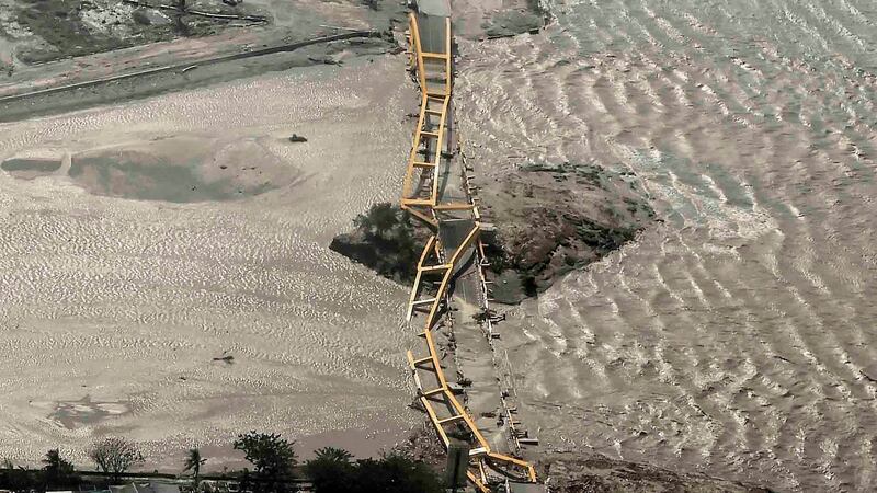 An aerial view shows a bridge damaged by an earthquake and tsunami in Palu, Central Sulawesi, Indonesia. Photograph: Antara Foto/Muhammad Adimaja via Reuters