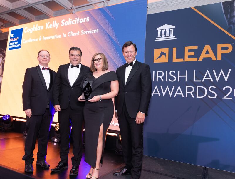 Richard Hammond, solicitor and partner at Hammond Good LLP and chair of the judging panel of the Leap Irish Law Awards; Eric Furlong, solicitor and partner at Coghlan Kelly Solicitors; Orlagh Wafer, solicitor and partner at Coghlan Kelly Solicitors; and Anton Savage, MC of the night. Photograph: Paul Sherwood