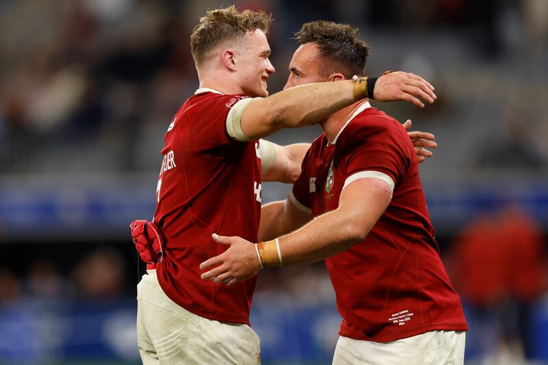 Josh van Der Flier and Jack Conan celebrate the win over Western Force. Photograph: James Worsfold/Getty Images