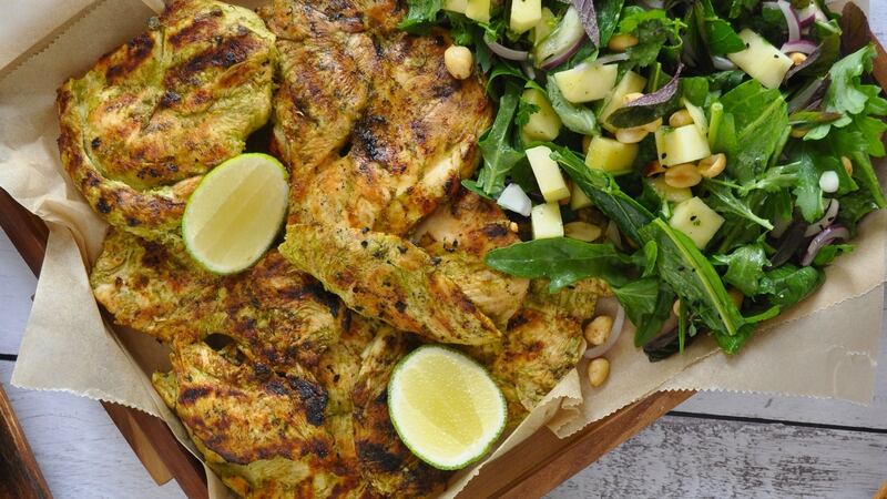 Barbecue chicken with Thai salad.
